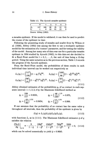 14 1. Some History
Table 1.5. The Ay cock measles epidemic
t
xt
Yt
0
111
1
1
108
9
2
86
22
3
25
61
4
12
13
5
12
0
Source: Abbey (1952).
a measles epidemic. If the model is validated, it can then be used to predict
the course of the epidemic in time.
Following the pioneering study of measles and scarlet fever by Wilson et
al. (1939), Abbey (1952) was among the first to use a stochastic epidemic
model for the estimation of a 'contact' parameter, and for testing the validity
of the model. Among her many sets of data was one for a particular measles
epidemic in 1934 studied by Aycock (1942); to this data set she decided to
fit a Reed-Frost model for t = 0,1,..., 5, the unit of time being a 12-day
period. Using the same notation as in the previous section, Table 1.5 records
the progress of the Aycock epidemic.
From the Reed-Frost model, the probabilities of these results in each
individual time interval can be worked out respectively as
__ ^922/^986
(1.5.1)
Abbey obtained estimates of the probabilities qi of no contact in each sep-
arate interval i = 1,2,3,4 by the Maximum Likelihood method as
=0.9454, fc=(_) =0.988.
If one assumes that the probability of no contact has the same value q
throughout all intervals, then the probability of the epidemic is given by
L(q) = Li(q)L2(q)L^(q)L/i(q)1 (1.5.3)
with functions Li as in (1.5.1). The Maximum Likelihood estimator q of q
satisfies the relation
dlnL 9 198<f 1342o21
793<f° 2320
= - 1 ~ ~ i ^ ~ i Too - -,—"W + —^- = °> (1-5.4)
q=q 1 - 9 1 - r l-q22
1-q61
q
dq
which can be solved numerically to yield q = 0.9685.
 