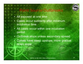 Point Source Outbreaks
• All exposed at one time
• Cases occur suddenly after minimum
  incubation time
• All cases occur within one incubation
  period
• Outbreak stops unless secondary spread
• Curves have steep upslope, more gradual
  down slope



           SIHFW: an ISO 9001: 2008 certified Institution   27
 