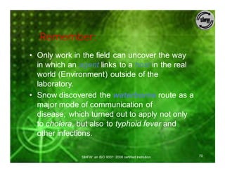 Remember:
• Only work in the field can uncover the way
  in which an agent links to a host in the real
  world (Environment) outside of the
  laboratory.
• Snow discovered the waterborne route as a
  major mode of communication of
  disease, which turned out to apply not only
  to cholera, but also to typhoid fever and
  other infections.

              SIHFW: an ISO 9001: 2008 certified Institution   70
 