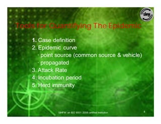 Tools for Quantifying The Epidemic
    1. Case definition
    2. Epidemic curve
       · point source (common source & vehicle)
       · propagated
    3. Attack Rate
    4. Incubation period
    5. Herd immunity



              SIHFW: an ISO 9001: 2008 certified Institution   8
 