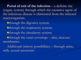 Portal of exit of the infection  – a definite site (organ, system) through which the causative agent of the infectious disease is eliminated from the infected macroorganism. through the digestive system; through the respiratory system; through the circulatory system; through the outer coverings – skin, mucous membranes. Additional (minor) possibilities – through urine, milk, sexual secretions. 