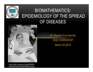 Dr. Mayteé Cruz-Aponte
RISE WORKSHOP
March 20,2015
BIOMATHEMATICS:
EPIDEMIOLOGY OF THE SPREAD
OF DISEASES
Source: http://consensus.nih.gov/IMAGES/
Art/EndOfLifeCareSOS024HIRESsmall.jpg
 