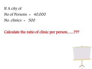 If A city of
No of Persons = 40,000
No. clinics = 500
Calculate the ratio of clinic per person.…..???
 