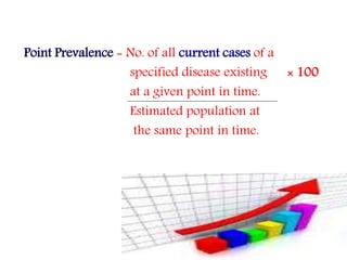 Point Prevalence = No. of all current cases of a
specified disease existing × 100
at a given point in time.
Estimated population at
the same point in time.
 