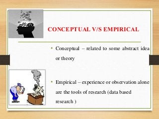 CONCEPTUAL V/S EMPIRICAL
• Conceptual – related to some abstract idea
or theory
• Empirical – experience or observation alone
are the tools of research (data based
research )
 
