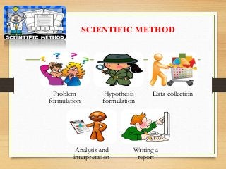 SCIENTIFIC METHOD
Problem
formulation
Hypothesis
formulation
Data collection
Analysis and
interpretation
Writing a
report
 