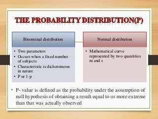 • P- value is defined as the probability under the assumption of
null hypothesis of obtaining a result equal to or more extreme
than that was actually observed
Binominal distribution
• Two parameters
• Occurs when a fixed number
of subjects
• Characteristic is dichotomous
in nature
• P or 1-p
Normal distribution
• Mathematical curve
represented by two quantities
m and s
 