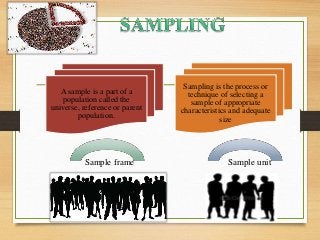 A sample is a part of a
population called the
universe, reference or parent
population.
Sampling is the process or
technique of selecting a
sample of appropriate
characteristics and adequate
size
Sample frame Sample unit
 