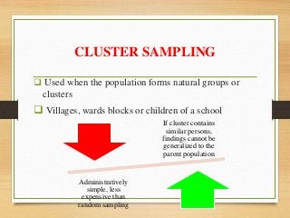 CLUSTER SAMPLING
 Used when the population forms natural groups or
clusters
 Villages, wards blocks or children of a school
If cluster contains
similar persons,
findings cannot be
generalized to the
parent population
Administratively
simple, less
expensive than
random sampling
 
