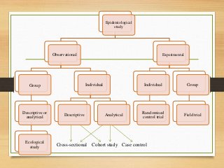 Epidemiological
study
Observational
Group
Descriptive or
analytical
Ecological
study
Individual
Descriptive Analytical
Experimental
Individual
Randomised
control trial
Group
Field trial
Cross-sectional Cohort study Case control
 