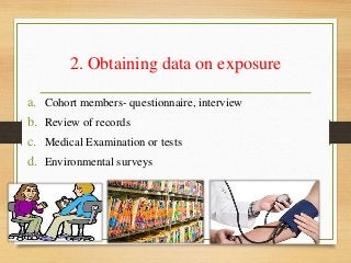 2. Obtaining data on exposure
a. Cohort members- questionnaire, interview
b. Review of records
c. Medical Examination or tests
d. Environmental surveys
 