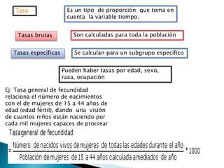Es un tipo de proporción que toma en
cuenta la variable tiempo.
Tasa
Son calculadas para toda la población
Se calculan para un subgrupo específico
Pueden haber tasas por edad, sexo,
raza, ocupación
Tasas brutas
Tasas específicas
Ej: Tasa general de fecundidad
relaciona el número de nacimientos
con el de mujeres de 15 a 44 años de
edad (edad fértil), dando una visión
de cuantos niños están naciendo por
cada mil mujeres capaces de procrear
 