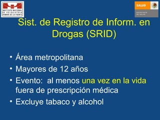 Sist. de Registro de Inform. en Drogas (SRID) Área metropolitana Mayores de 12 años  Evento:  al menos  una vez en la vida  fuera de prescripción médica Excluye tabaco y alcohol 