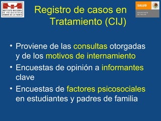 Registro de casos en Tratamiento (CIJ) Proviene de las  consultas  otorgadas y de los  motivos de internamiento Encuestas de opinión a  informantes  clave Encuestas de  factores psicosociales  en estudiantes y padres de familia 