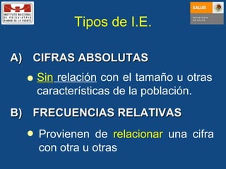 Tipos de I.E. A) CIFRAS ABSOLUTAS Sin  relación  con el tamaño u otras características de la población. B) FRECUENCIAS RELATIVAS Provienen de  relacionar  una cifra con otra u otras 