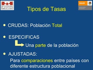 Tipos de Tasas Una  parte  de la población Para  comparaciones  entre países con diferente estructura poblacional CRUDAS:   Población  Total ESPECIFICAS AJUSTADAS:   