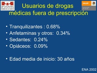 Usuarios de drogas  médicas fuera de prescripción Tranquilizantes : 0.68% Anfetaminas y otros:  0.34% Sedantes:  0.24% Opiáceos:  0.09% Edad media de inicio: 30 años ENA 2002 