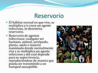 Reservorio
 El hábitat normal en que vive, se
multiplica y/o crece un agente
infeccioso, se denomina
reservorio.
 Reservorio de agentes
infecciosos: cualquier ser
humano, animal, artrópodo,
planta, suelo o materia
inanimada donde normalmente
vive y se multiplica un agente
infeccioso y del cual depende
para su supervivencia,
reproduciéndose de manera que
pueda ser transmitido a un
huésped susceptible.
 