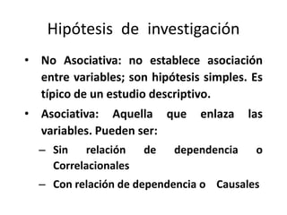 Hipótesisdeinvestigación No Asociativa: no establece asociación entre variables; son hipótesis simples. Es típico de un estudio descriptivo.Asociativa: Aquella que enlaza las variables. Pueden ser:Sin relación de dependencia o CorrelacionalesCon relación de dependencia o    Causales