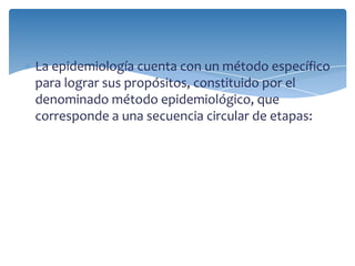La epidemiología cuenta con un método específico
para lograr sus propósitos, constituido por el
denominado método epidemiológico, que
corresponde a una secuencia circular de etapas:
 