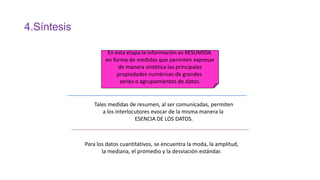 4.Síntesis
En esta etapa la información es RESUMIDA
en forma de medidas que permiten expresar
de manera sintética las principales
propiedades numéricas de grandes
series o agrupamientos de datos.

Tales medidas de resumen, al ser comunicadas, permiten
a los interlocutores evocar de la misma manera la
ESENCIA DE LOS DATOS.

Para los datos cuantitativos, se encuentra la moda, la amplitud,
la mediana, el promedio y la desviación estándar.

 