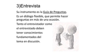 3)Entrevista
Su instrumento es la Guía de Preguntas.
Es un diálogo flexible, que permite hacer
preguntas en más de una ocasión.
Tanto el entrevistador como
el entrevistado deben
tener conocimientos
fundamentados del
tema en discusión.

 