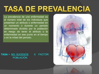 La prevalencia de una enfermedad es el número total de los individuos que presentan un atributo o enfermedad en un momento o durante un periodo determinado dividido por la población en riesgo de tener el atributo o la enfermedad en ese punto en el tiempo o en la mitad del periodo.  TASA  =  NO. SUCESOS   X  FACTOR POBLACIÓN   