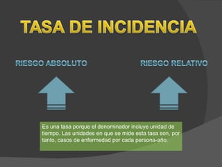 Es una tasa porque el denominador incluye unidad de tiempo. Las unidades en que se mide esta tasa son, por tanto, casos de enfermedad por cada persona-año. 