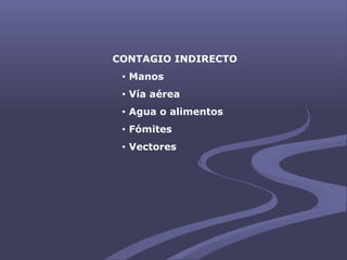 CONTAGIO INDIRECTO
• Manos
• Vía aérea
• Agua o alimentos
• Fómites
• Vectores
 