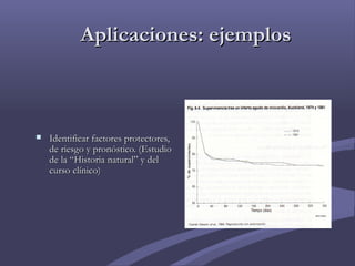 Aplicaciones: ejemplosAplicaciones: ejemplos
 Identificar factores protectores,Identificar factores protectores,
de riesgo y pronóstico. (Estudiode riesgo y pronóstico. (Estudio
de la “Historia natural” y delde la “Historia natural” y del
curso clínico)curso clínico)
 