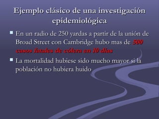Ejemplo clásico de una investigaciónEjemplo clásico de una investigación
epidemiológicaepidemiológica
 En un radio de 250 yardas a partir de la unión deEn un radio de 250 yardas a partir de la unión de
Broad Street con Cambridge hubo mas deBroad Street con Cambridge hubo mas de 500500
casos fatales de cólera en 10 díascasos fatales de cólera en 10 días
 La mortalidad hubiese sido mucho mayor si laLa mortalidad hubiese sido mucho mayor si la
población no hubiera huidopoblación no hubiera huido
 