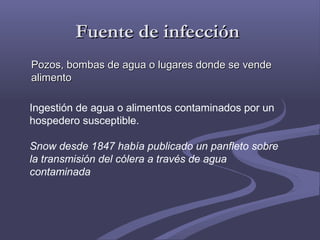 Fuente de infecciónFuente de infección
Pozos, bombas de agua o lugares donde se vendePozos, bombas de agua o lugares donde se vende
alimentoalimento
Ingestión de agua o alimentos contaminados por un
hospedero susceptible.
Snow desde 1847 había publicado un panfleto sobre
la transmisión del cólera a través de agua
contaminada
 