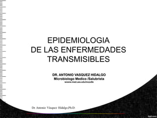 EPIDEMIOLOGIA
DE LAS ENFERMEDADES
TRANSMISIBLES
DR. ANTONIO VASQUEZ HIDALGODR. ANTONIO VASQUEZ HIDALGO
Microbiologo Medico /SalubristaMicrobiologo Medico /Salubrista
wwww.med.ues.edu/moodlewwww.med.ues.edu/moodle
 
