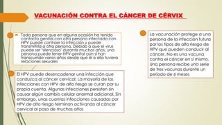 VACUNACIÓN CONTRA EL CÁNCER DE CÉRVIX
 Toda persona que en alguna ocasión ha tenido
contacto genital con otra persona infectada con
HPV puede contraer la infección y puede
transmitirla a otra persona. Debido a que el virus
puede ser "silencioso" durante muchos años, una
persona puede tener HPV genital aún si han
transcurrido varios años desde que él o ella tuviera
relaciones sexuales
El HPV puede desencadenar una infección que
conduzca al cáncer cervical. La mayoría de las
infecciones con HPV de alto riesgo se curan por su
propia cuenta. Algunas infecciones persisten sin
causar algún cambio celular anormal adicional. Sin
embargo, unas cuantas infecciones causadas por
HPV de alto riesgo terminan activando al cáncer
cervical al paso de muchos años
La vacunación protege a una
persona de la infección futura
por los tipos de alto riesgo de
HPV que pueden conducir al
cáncer. No es una vacuna
contra el cáncer en sí mismo.
Una persona recibe una serie
de tres vacunas durante un
periodo de 6 meses
 