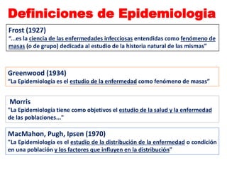 Definiciones de Epidemiologia
Greenwood (1934)
“La Epidemiología es el estudio de la enfermedad como fenómeno de masas”
Frost (1927)
“...es la ciencia de las enfermedades infecciosas entendidas como fenómeno de
masas (o de grupo) dedicada al estudio de la historia natural de las mismas”
Morris
"La Epidemiología tiene como objetivos el estudio de la salud y la enfermedad
de las poblaciones..."
MacMahon, Pugh, Ipsen (1970)
"La Epidemiología es el estudio de la distribución de la enfermedad o condición
en una población y los factores que influyen en la distribución"
 