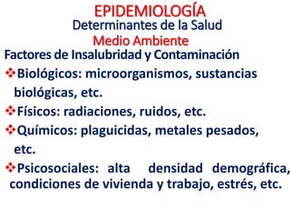EPIDEMIOLOGÍA
Determinantes de la Salud
Servicios de Salud
Conjunto de Unidades de Salud,
recursos humanos, medios
económicos y materiales, tecnologías,
servicios, etc., viene condicionado por
variables tales como accesibilidad,
eficacia y efectividad, cobertura, etc.
 