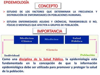 EPIDEMIOLOGÍA
IMPORTANCIA
Como una disciplina de la Salud Pública, la epidemiología esta
fundamentada en la concepción de que la información
epidemiológica debe ser utilizada para promover y proteger la salud
de la población.
 ESTUDIO DE LOS FACTORES QUE DETERMINAN LA FRECUENCIA Y
DISTRIBUCIÓN DE ENFERMEDADES EN POBLACIONES HUMANAS.
 ESTUDIA ENFERMEDADES AGUDAS Y CRÓNICAS, TRANSMISIBLES O NO,
FÍSICAS O MENTALES QUE AFECTEN A GRUPOS DE POBLACIÓN.
CONCEPTO
 