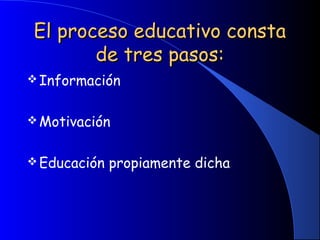 El proceso educativo constaEl proceso educativo consta
de tres pasos:de tres pasos:
Información
Motivación
Educación propiamente dicha
 