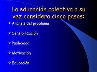 La educación colectiva a suLa educación colectiva a su
vez considera cinco pasos:vez considera cinco pasos:
 Análisis del problema
 
 Sensibilización
 
 Publicidad
 
 Motivación
 
 Educación
 