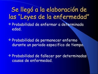 Se llegó a la elaboración deSe llegó a la elaboración de
las “Leyes de la enfermedad”las “Leyes de la enfermedad”
 Probabilidad de enfermar a determinada
edad.
 Probabilidad de permanecer enfermo
durante un periodo especifico de tiempo.
 Probabilidad de fallecer por determinadas
causas de enfermedad.
 