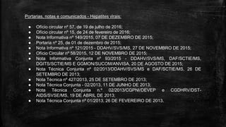 Portarias, notas e comunicados - Hepatites virais:
● Ofício circular nº 57, de 19 de julho de 2016;
● Ofício circular nº 15, de 24 de fevereiro de 2016;
● Nota Informativa nº 149/2015, 07 DE DEZEMBRO DE 2015;
● Portaria nº 25, de 01 de dezembro de 2015;
● Nota Informativa nº 121/2015 - DDAHV/SVS/MS, 27 DE NOVEMBRO DE 2015;
● Ofício Circular nº 58/2015, 12 DE NOVEMBRO DE 2015;
● Nota Informativa Conjunta nº 93/2015 - DDAHV/SVS/MS, DAF/SCTIE/MS,
DGITS/SCTIE/MS E GGMON/SUCOM/ANVISA, 20 DE AGOSTO DE 2015;
● Nota Técnica Conjunta nº 02/2013/DDAHV/SVS/MS e DAF/SCTIE/MS, 26 DE
SETEMBRO DE 2013;
● Nota Técnica nº 427/2013, 25 DE SETEMBRO DE 2013;
● Nota Técnica Conjunta - 02/2013, 11 DE JUNHO DE 2013;
● Nota Técnica Conjunta n.º 02/2013/CGPNI/DEVEP e CGDHRV/DST-
AIDS/SVSE/MS, 19 DE ABRIL DE 2013;
● Nota Técnica Conjunta nº 01/2013, 26 DE FEVEREIRO DE 2013.
 