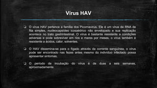 Vírus HAV
❏ O vírus HAV pertence a família dos Picornavirus. Ele é um vírus de RNA de
fita simples, nucleocapsídeo icosaédrico não envelopado e sua replicação
acontece no trato gastrintestinal. O vírus é bastante resistente a condições
adversas e pode sobreviver em rios e mares por meses, o vírus também é
resistente a ácidos, calor, solventes.
❏ O HAV dissemina-se para o fígado através da corrente sanguínea, o vírus
pode ser encontrado nas fezes antes mesmo do indivíduo infectado possa
apresentar sintomas.
❏ O período de incubação do vírus é de duas a seis semanas,
aproximadamente.
 