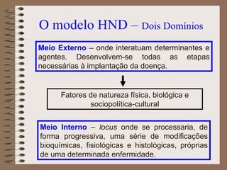 O modelo HND – Dois Domínios
Meio Externo – onde interatuam determinantes e
agentes. Desenvolvem-se todas as etapas
necessárias à implantação da doença.


      Fatores de natureza física, biológica e
              sociopolítica-cultural


Meio Interno – locus onde se processaria, de
forma progressiva, uma série de modificações
bioquímicas, fisiológicas e histológicas, próprias
de uma determinada enfermidade.
 