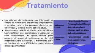 SLIDESMANIA.COM
Tratamiento
● Los objetivos del tratamiento son: interrumpir la
cadena de transmisión, prevenir las complicaciones
y secuelas, curar a las personas afectadas por
tuberculosis y evitar la muerte por esta causa.
● El tratamiento debe incluir fármacos bactericidas y
bacteriostáticos que, combinados, proporcionan la
cura microbiológica. El apoyo familiar para
asegurar el apego al tratamiento es de vital
importancia para la curación. El tratamiento debe
ser administrado en el 100% de las tomas, y consta
de las siguientes fases
 