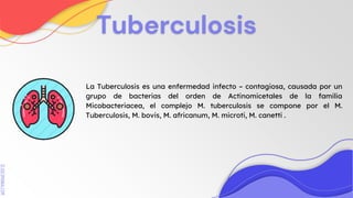 SLIDESMANIA.COM
Tuberculosis
La Tuberculosis es una enfermedad infecto – contagiosa, causada por un
grupo de bacterias del orden de Actinomicetales de la familia
Micobacteriacea, el complejo M. tuberculosis se compone por el M.
Tuberculosis, M. bovis, M. africanum, M. microti, M. canetti .
 
