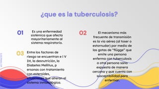 SLIDESMANIA.COM
SLIDESMANIA.COM
Es una enfermedad
sistémica que afecta
mayoritariamente al
sistema respiratorio.
¿que es la tuberculosis?
El mecanismo más
frecuente de transmisión
es la vía aérea (al toser o
estornudar) por medio de
las gotas de “flügge” que
emite una persona
enferma con tuberculosis
a otra persona sana
expuesta de manera
cercana y que cuenta con
susceptibilidad para
enfermar.
Entre los factores de
riesgo se encuentran e l V
IH, la desnutrición, la
Diabetes Mellitus, p
ersonas con tratamiento
con esteroides,
situaciones que alteran el
sistema inmunológico.
01 02
03
 