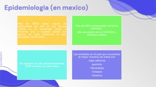 SLIDESMANIA.COM
SLIDESMANIA.COM
Epidemiologia (en mexico)
Mas de 18000 casos nuevos de
tuberculosis por año en sus formas
,afecta en un porcentaje mayor a
hombres que a mujeres siendo los
grupos de edad productiva la mas
afectados (18-49 años)
Mas del 80% corresponde a la forma
pulmonar .
Alta asociación con el VIH/SIDA y
diabetes mellitus
Se registran por año aproximadamente
2,000 muertes por esta causa
Las entidades en el país que concentran
el mayor números de cosos son
-baja california
-guerrero
-Tamaulipas
-Chiapas
-Veracruz
 