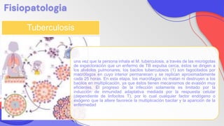 SLIDESMANIA.COM
SLIDESMANIA.COM
Fisiopatologia
una vez que la persona inhala el M. tuberculosis, a través de las microgotas
de expectoración que un enfermo de TB expulsa cerca, éstos se dirigen a
los alvéolos pulmonares, los bacilos tuberculosos (1) son fagocitados por
macrófagos en cuyo interior permanecen y se replican aproximadamente
cada 25 horas. En esta etapa, los macrófagos no matan ni destruyen a los
bacilos en multiplicación, ya que éstos tienen mecanismos de evasión muy
eficientes. El progreso de la infección solamente es limitado por la
inducción de inmunidad adaptativa mediada por la respuesta celular
(dependiente de linfocitos T), por lo cual cualquier factor endógeno o
exógeno que la altere favorece la multiplicación bacilar y la aparición de la
enfermedad
Tuberculosis
 