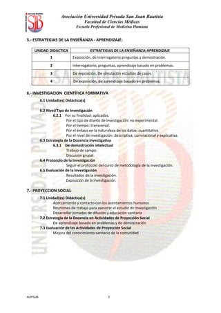 Asociación Universidad Privada San Juan Bautista
                                     Facultad de Ciencias Médicas
                                Escuela Profesional de Medicina Humana


5.- ESTRATEGIAS DE LA ENSEÑANZA - APRENDIZAJE:

    UNIDAD DIDACTICA                    ESTRATEGIAS DE LA ENSEÑANZA-APRENDIZAJE
               1             Exposición, de interrogatorio preguntas y demostración.
               2             Interrogatorio, preguntas, aprendizaje basado en problemas.
               3             De exposición, De simulación estudios de casos.
               4              De exposición, de aprendizaje basado en problemas.

6.- INVESTIGACION CIENTÍFICA FORMATIVA
         6.1 Unidad(es) Didáctica(s)

         6.2 Nivel/Tipo de Investigación
                 6.2.1 Por su finalidad: aplicadas.
                         Por el tipo de diseño de investigación: no experimental.
                         Por el tiempo: transversal.
                         Por el énfasis en la naturaleza de los datos: cuantitativa.
                         Por el nivel de investigación: descriptiva, correlacional y explicativa.
         6.3 Estrategia de la Docencia investigativa
                 6.3.1 De demostración intelectual
                         Trabajo de campo.
                         Discusión grupal.
         6.4 Protocolo de la Investigación
                         Seguir el protocolo del curso de metodología de la investigación.
         6.5 Evaluación de la Investigación
                         Resultados de la investigación.
                         Exposición de la investigación.

7.- PROYECCION SOCIAL
         7.1 Unidad(es) Didáctica(s)
                 Acercamiento y contacto con los asentamientos humanos
                 Reuniones de trabajo para asesorar el estudio de investigación
                 Desarrollar jornadas de difusión y educación sanitaria
         7.2 Estrategia de la Docencia en Actividades de Proyección Social
                 De aprendizaje basado en problemas y de demostración
         7.3 Evaluación de las Actividades de Proyección Social
                 Mejora del conocimiento sanitario de la comunidad




AUPSJB                                              3
 