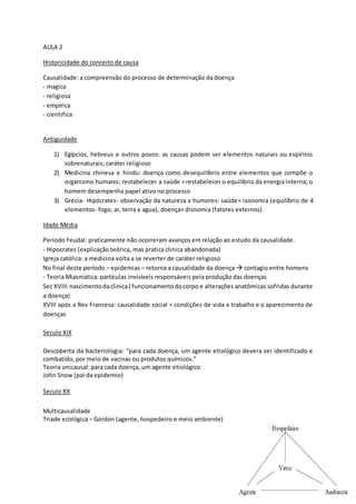 AULA 2
Historicidade do conceito de causa
Causalidade: a compreensão do processo de determinação da doença
- magica
- religiosa
- empírica
- cientifica
Antiguidade
1) Egípcios, hebreus e outros povos: as causas podem ser elementos naturais ou espíritos
sobrenaturais; caráter religioso
2) Medicina chinesa e hindu: doença como desequilíbrio entre elementos que compõe o
organismo humano; restabelecer a saúde = restabelecer o equilíbrio da energia interna; o
homem desempenha papel ativo no processo
3) Grécia- Hipócrates- observação da natureza x humores: saúde= isonomia (equilíbrio de 4
elementos- fogo, ar, terra e agua), doença= disnomia (fatores externos)
Idade Média
Periodo Feudal: praticamente não ocorreram avanços em relação ao estudo da causalidade.
- Hipocrates (explicação teórica, mas pratica clinica abandonada)
Igreja católica: a medicina volta a se reverter de caráter religioso
No final deste período – epidemias – retorna a causalidade da doença  contagio entre homens
- Teoria Miasmatica: partículas invisíveis responsáveis pela produção das doenças
Sec XVIII:nascimentodaclinica( funcionamentodocorpo e alterações anatômicas sofridas durante
a doença)
XVIII após a Rev Francesa: causalidade social = condições de vida e trabalho e o aparecimento de
doenças
Seculo XIX
Descoberta da bacteriologia: “para cada doença, um agente etiológico devera ser identificado e
combatido, por meio de vacinas ou produtos químicos.”
Teoria unicausal: para cada doença, um agente etiológico
John Snow (pai da epidemio)
Seculo XX
Multicausalidade
Triade ecológica – Gordon (agente, hospedeiro e meio ambiente)
 